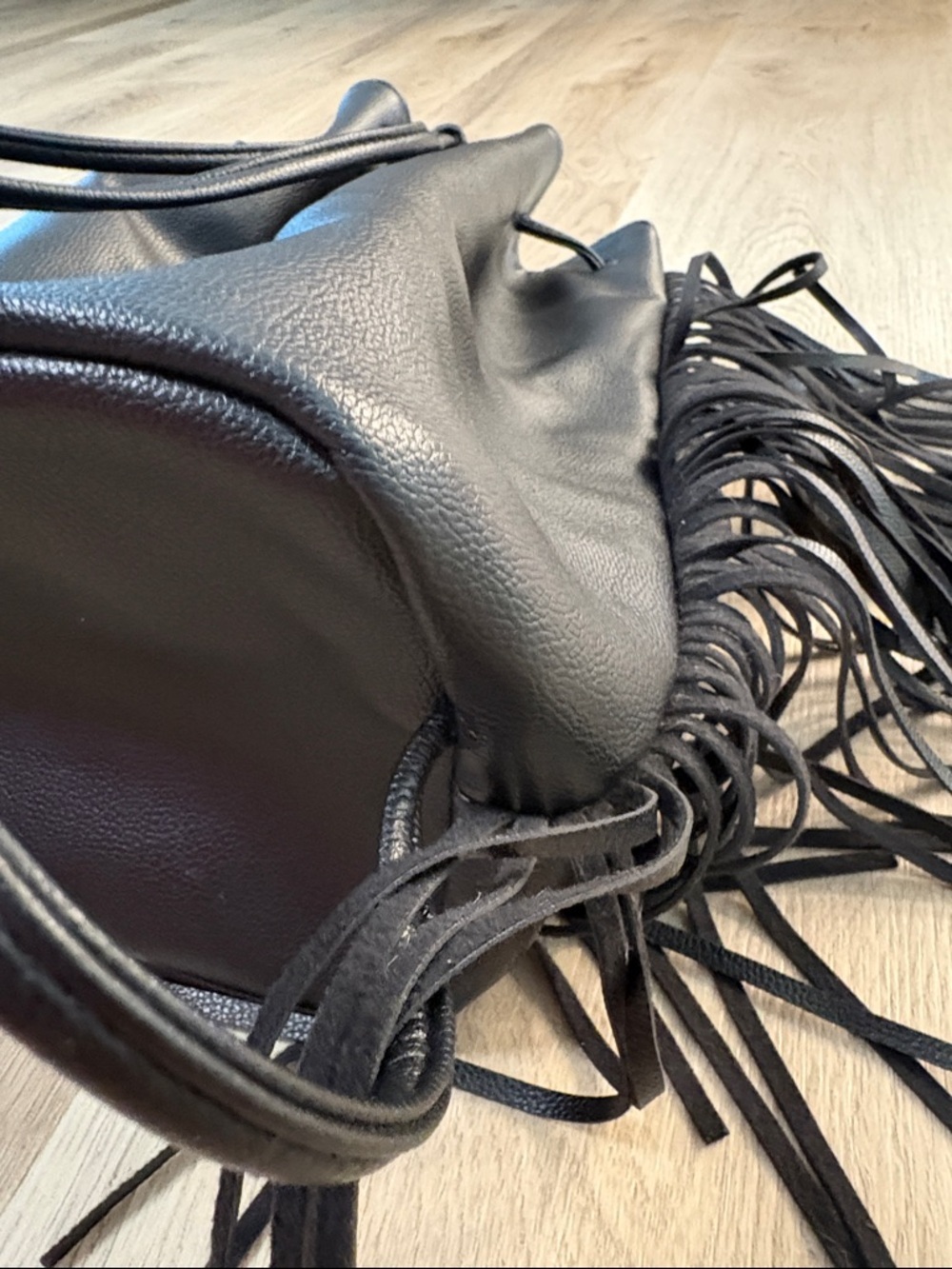 Victoria's Secret Black Fringe Drawstring Backpack lightweight logo boho - Picture 8 of 11